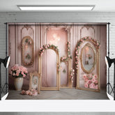 Aperturee - Retro Gold Arch Frame Pink Rose Backdrop For Photo